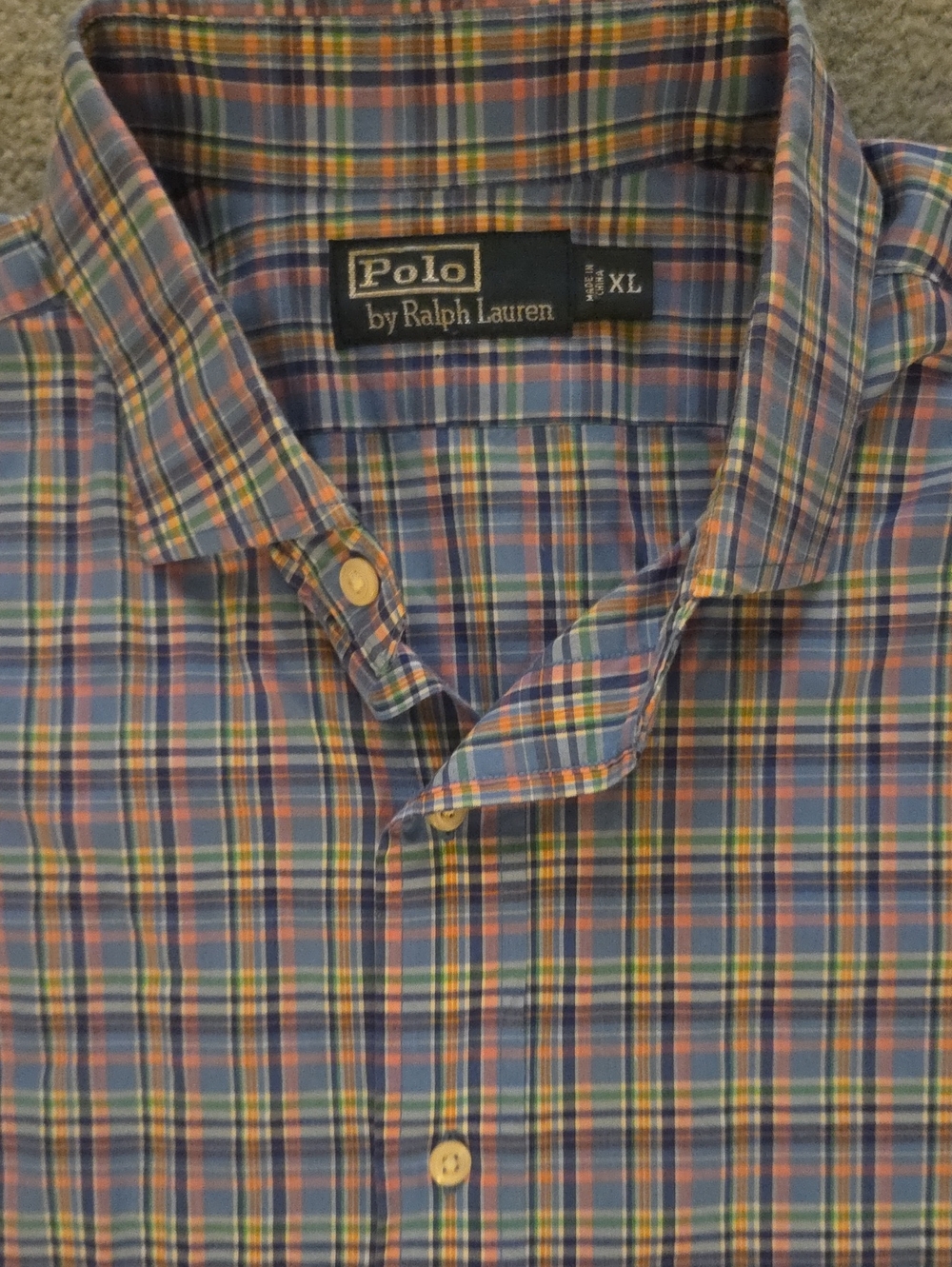 Polo Ralph Lauren Plaid Button Down Dress Shirt Blue Orange Plaid Size XL